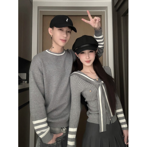 情侶裝秋冬2025新款ins法式復古學院風毛衣韓版顯瘦海軍領針織衫