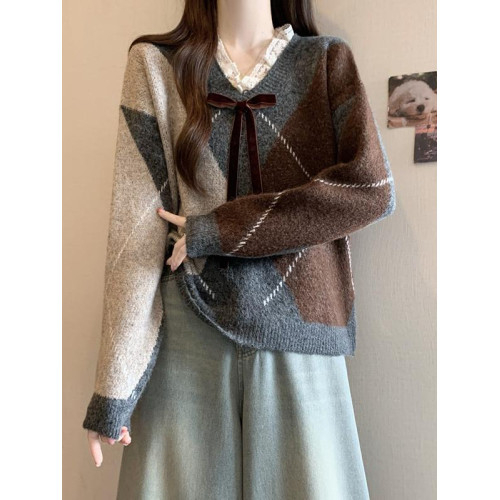 美拉德V領可愛菱格針織毛衣女秋冬大碼胖mm正肩氣質獨特內搭上衣