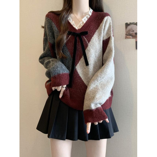 美拉德V領可愛菱格針織毛衣女秋冬大碼胖mm正肩氣質獨特內搭上衣