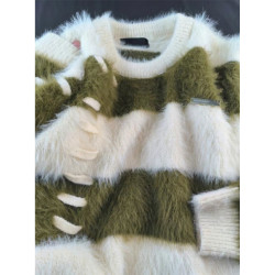 韓式慵懶風條紋水貂絨毛衣女秋冬季寬松設計感小衆毛茸茸加厚上衣