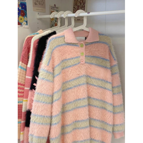 韓式慵懶風條紋水貂絨毛衣女秋冬季寬松設計感小衆毛茸茸加厚上衣