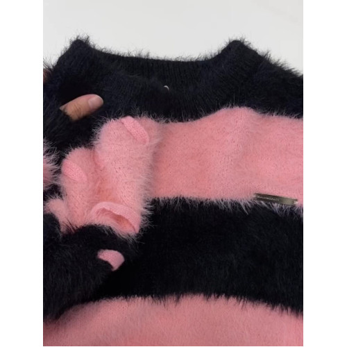 韓式慵懶風條紋水貂絨毛衣女秋冬季寬松設計感小衆毛茸茸加厚上衣