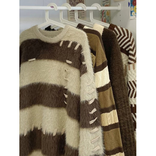 韓式慵懶風條紋水貂絨毛衣女秋冬季寬松設計感小衆毛茸茸加厚上衣