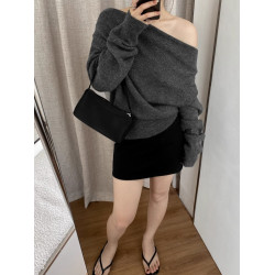 舒因SHUYIN 灰色一字肩韓系針織衫女秋冬慵懶風套頭毛衣氣質上衣