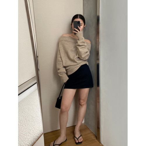 舒因SHUYIN 灰色一字肩韓系針織衫女秋冬慵懶風套頭毛衣氣質上衣