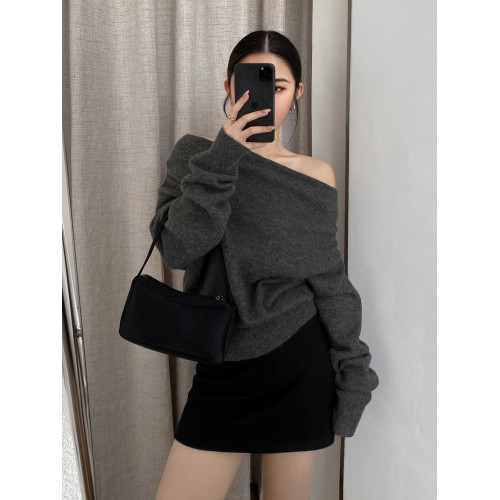 舒因SHUYIN 灰色一字肩韓系針織衫女秋冬慵懶風套頭毛衣氣質上衣