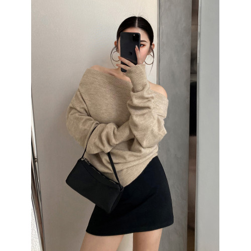 舒因SHUYIN 灰色一字肩韓系針織衫女秋冬慵懶風套頭毛衣氣質上衣