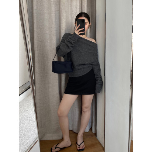 舒因SHUYIN 灰色一字肩韓系針織衫女秋冬慵懶風套頭毛衣氣質上衣