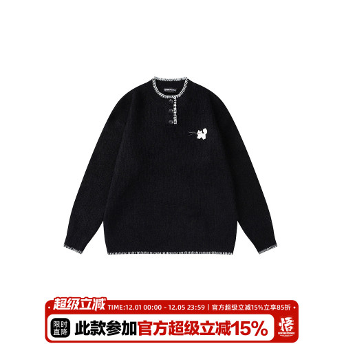 悟空有貨美式潮牌小貓手縫紐釦圓領毛衣男秋季寬松情侶休閒針織衫