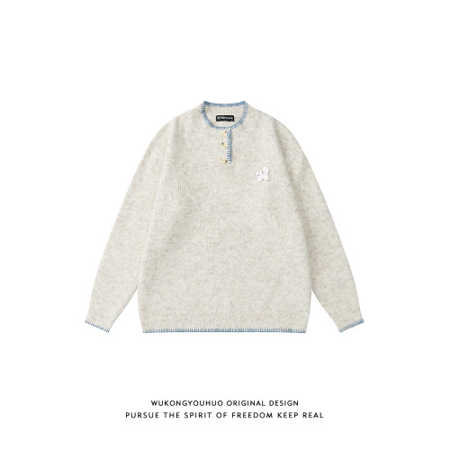 悟空有貨美式潮牌小貓手縫紐釦圓領毛衣男秋季寬松情侶休閒針織衫