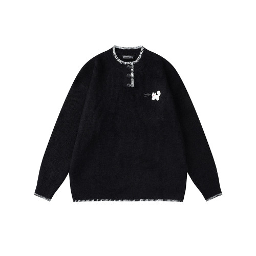 悟空有貨美式潮牌小貓手縫紐釦圓領毛衣男秋季寬松情侶休閒針織衫