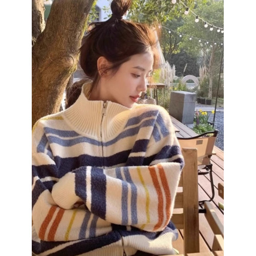美式立領彩虹條紋拉鍊開衫毛衣女2025年秋冬針織復古上衣慵懶外套