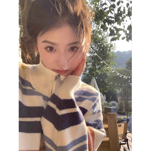 美式立領彩虹條紋拉鍊開衫毛衣女2025年秋冬針織復古上衣慵懶外套