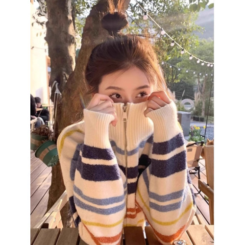 美式立領彩虹條紋拉鍊開衫毛衣女2025年秋冬針織復古上衣慵懶外套
