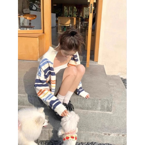 美式立領彩虹條紋拉鍊開衫毛衣女2025年秋冬針織復古上衣慵懶外套