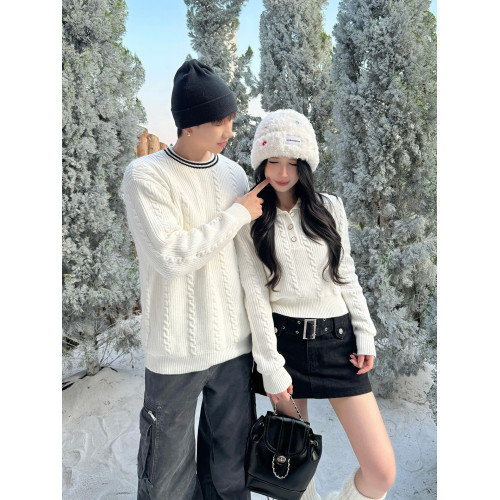 韓系學院風miu系毛衣男女情侶裝秋冬季海軍領一長一短麻花針織衫