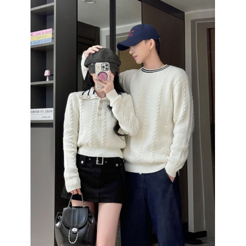 韓系學院風miu系毛衣男女情侶裝秋冬季海軍領一長一短麻花針織衫