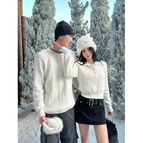 韓系學院風miu系毛衣男女情侶裝秋冬季海軍領一長一短麻花針織衫