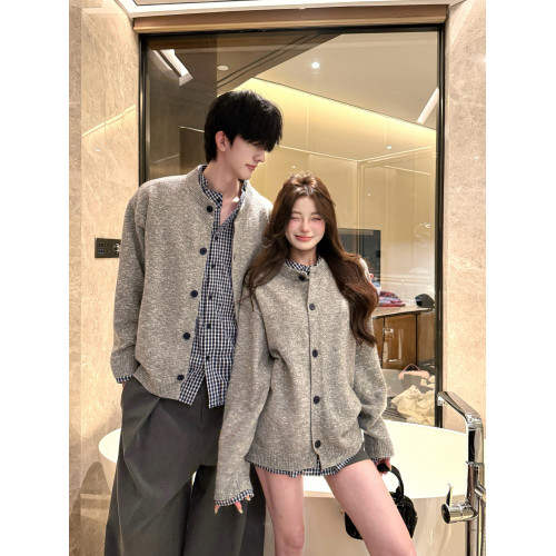 美式復古假兩件格子拼接毛衣男女情侶裝秋冬季高級感針織開衫外套