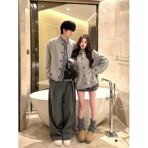 美式復古假兩件格子拼接毛衣男女情侶裝秋冬季高級感針織開衫外套