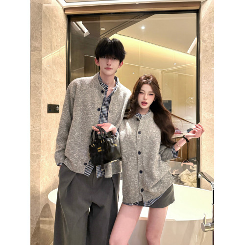 美式復古假兩件格子拼接毛衣男女情侶裝秋冬季高級感針織開衫外套