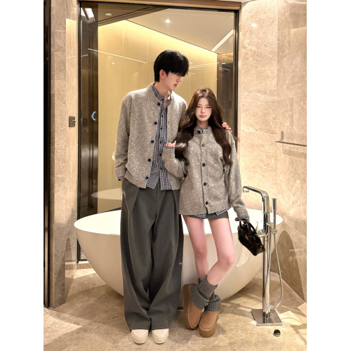 美式復古假兩件格子拼接毛衣男女情侶裝秋冬季高級感針織開衫外套