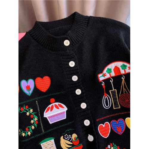 桃璽黑色毛衣女2024新款秋冬卡通洋氣刺綉減齡加厚針織開衫外套