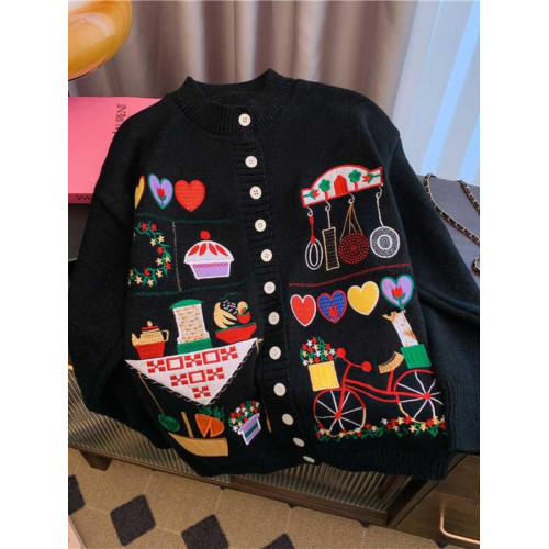 桃璽黑色毛衣女2024新款秋冬卡通洋氣刺綉減齡加厚針織開衫外套