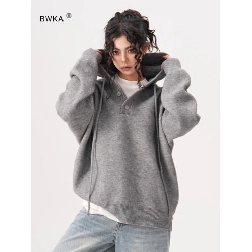 BWKA重磅500g慵懶風連帽針織衫女男秋季復古寬松cleanfit毛衣外套