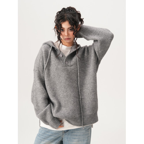 BWKA重磅500g慵懶風連帽針織衫女男秋季復古寬松cleanfit毛衣外套