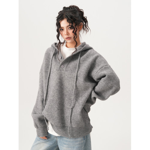 BWKA重磅500g慵懶風連帽針織衫女男秋季復古寬松cleanfit毛衣外套