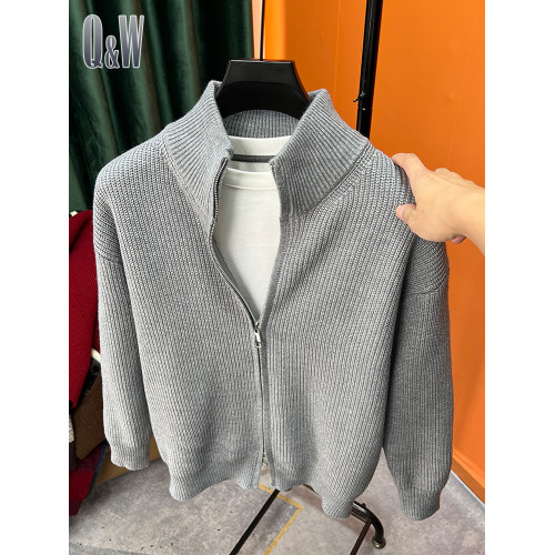 百搭純色拉鍊開衫男針織衫秋冬季爆款修身毛衣外套男立領半高外搭