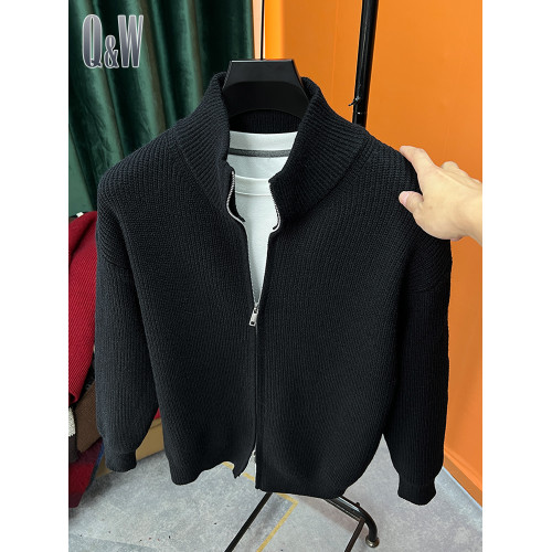 百搭純色拉鍊開衫男針織衫秋冬季爆款修身毛衣外套男立領半高外搭