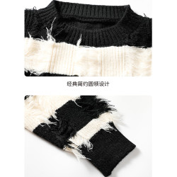 WASSUP KRISH流蘇黑白條紋圓領套頭毛衣男款秋季痞帥設計感針織衫