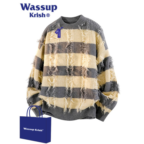 WASSUP KRISH流蘇黑白條紋圓領套頭毛衣男款秋季痞帥設計感針織衫