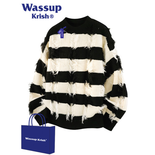 WASSUP KRISH流蘇黑白條紋圓領套頭毛衣男款秋季痞帥設計感針織衫