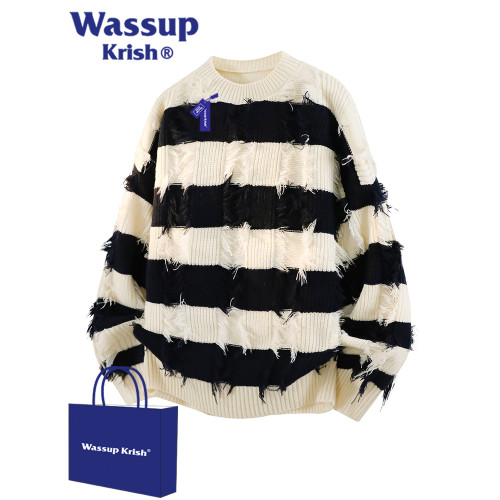 WASSUP KRISH流蘇黑白條紋圓領套頭毛衣男款秋季痞帥設計感針織衫