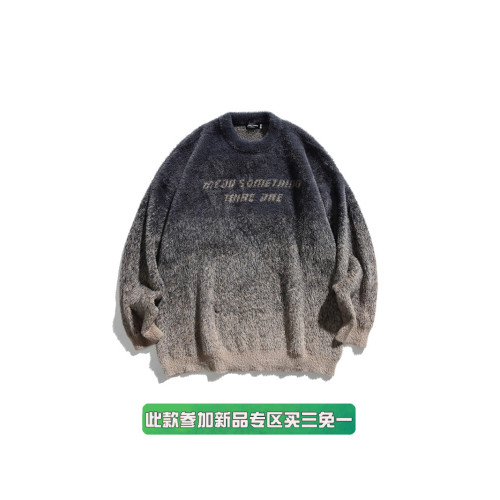 WHXS秋冬復古重磅仿貂毛漸變字母毛衣男潮牌bf慵懶風情侶毛衣