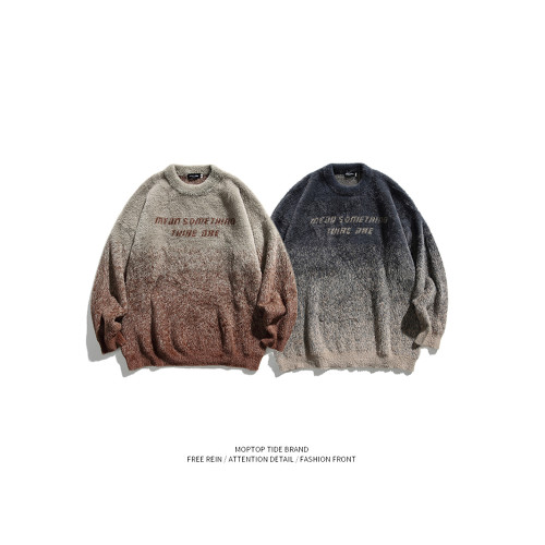 WHXS秋冬復古重磅仿貂毛漸變字母毛衣男潮牌bf慵懶風情侶毛衣