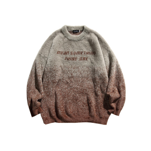 WHXS秋冬復古重磅仿貂毛漸變字母毛衣男潮牌bf慵懶風情侶毛衣