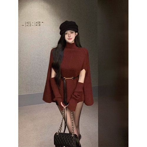 設計感半高領披肩鬭篷針織毛衣女秋季2025新款寬鬆中長款顯瘦上衣