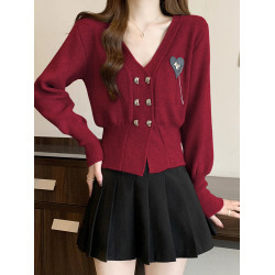 灰色V領愛心毛衣外套女早秋季大碼胖mm收腰顯瘦短款針織開衫上衣