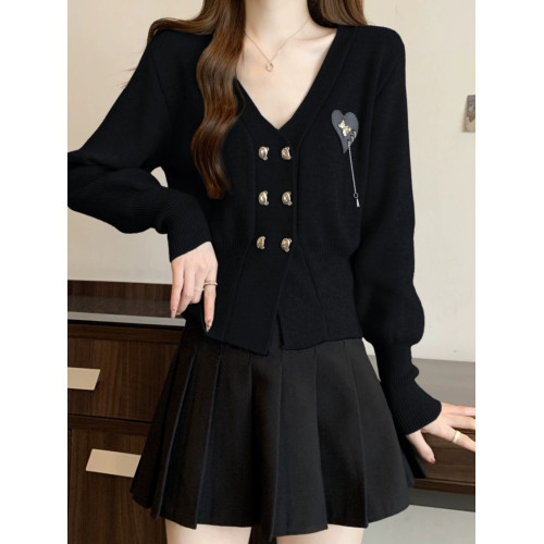 灰色V領愛心毛衣外套女早秋季大碼胖mm收腰顯瘦短款針織開衫上衣