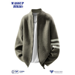 WASSUP BIKK美式雙拉鍊立領毛衣男秋冬條紋寬松慵懶風針織衫外套