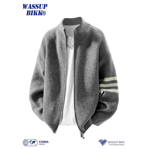 WASSUP BIKK美式雙拉鍊立領毛衣男秋冬條紋寬松慵懶風針織衫外套