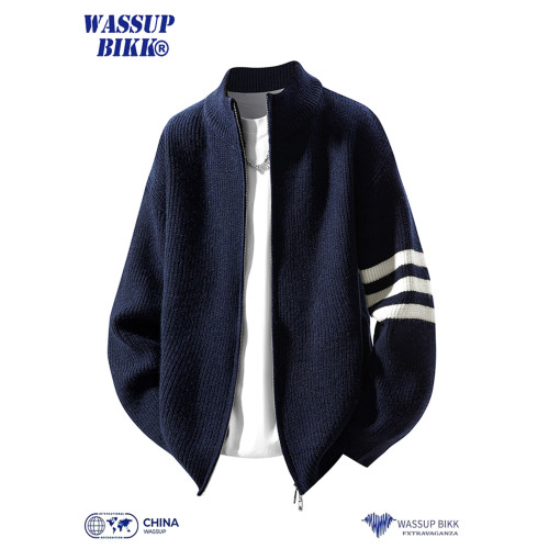 WASSUP BIKK美式雙拉鍊立領毛衣男秋冬條紋寬松慵懶風針織衫外套