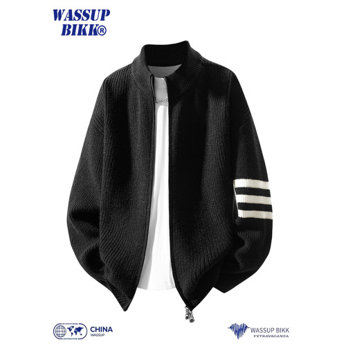 WASSUP BIKK美式雙拉鍊立領毛衣男秋冬條紋寬松慵懶風針織衫外套