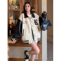 美式休閒棒球服少女秋季設計感bf風寬松復古潮牌拼色皮袖夾克外套