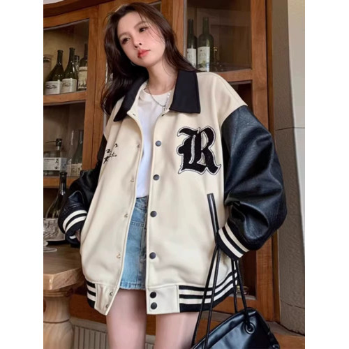 美式休閒棒球服少女秋季設計感bf風寬松復古潮牌拼色皮袖夾克外套 美式休閒棒球服少女秋季設計感bf風寬松復古潮牌拼色皮袖夾克外套