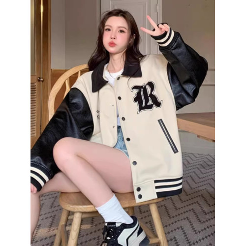 美式休閒棒球服少女秋季設計感bf風寬松復古潮牌拼色皮袖夾克外套 美式休閒棒球服少女秋季設計感bf風寬松復古潮牌拼色皮袖夾克外套
